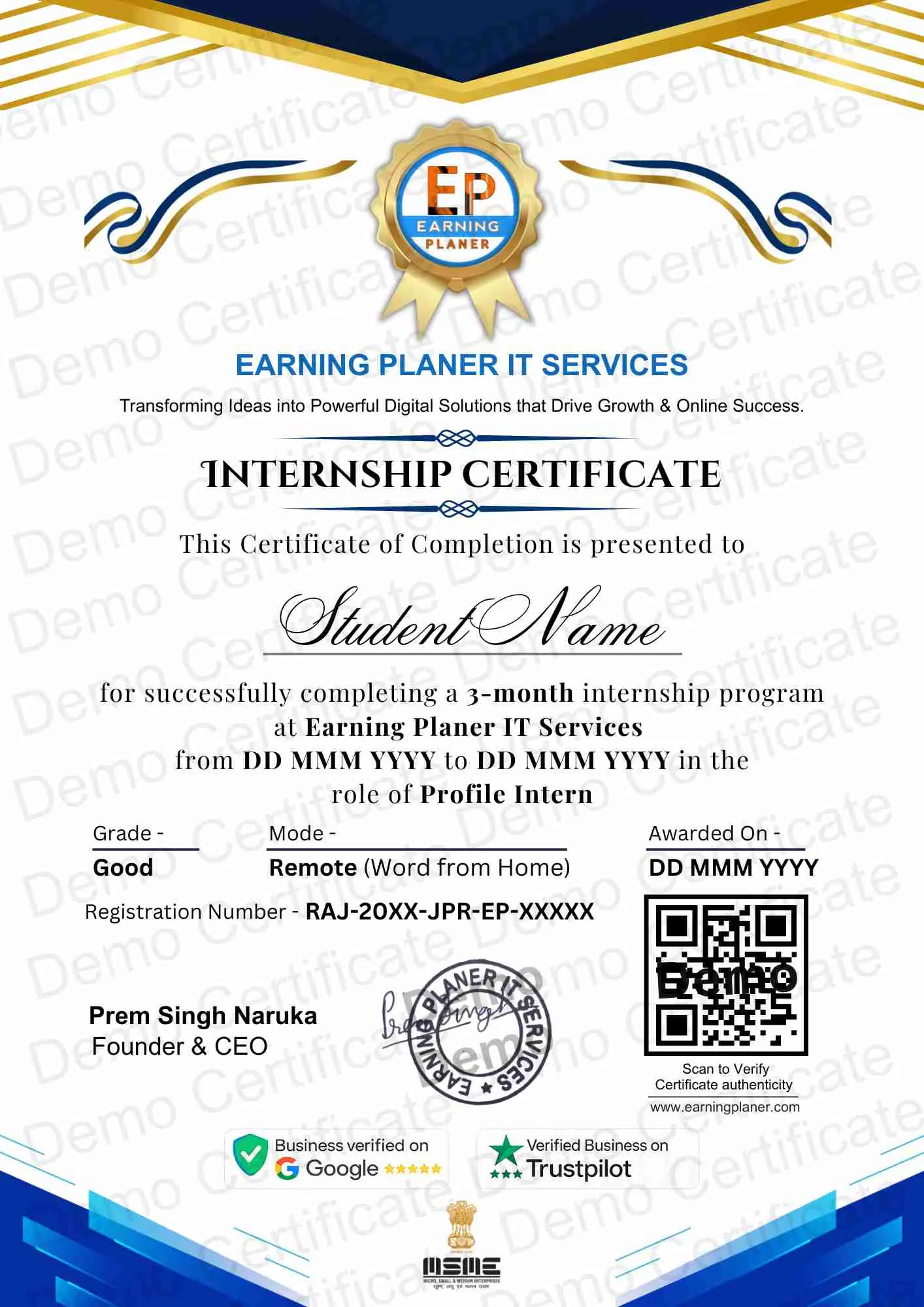Earning Planer IT Services internship completion certificate